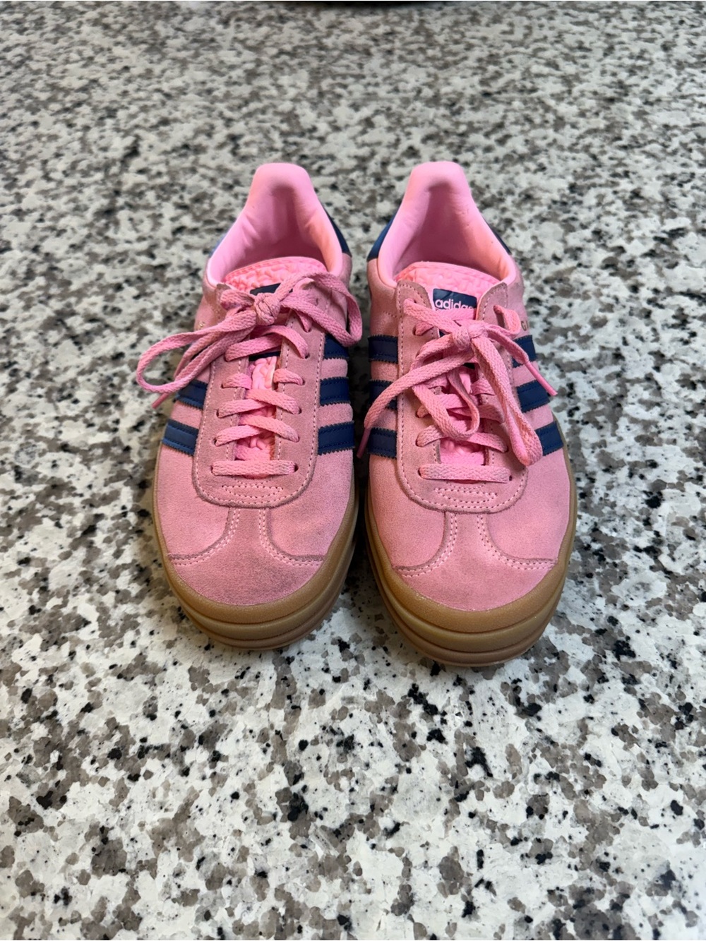 adidas Pink Suede Sneakers with Navy Stripes and Gum Sole - Picture 2 of 5